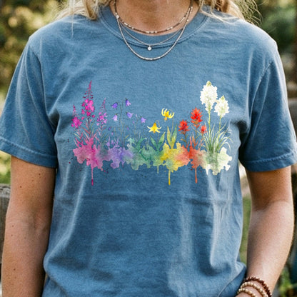 Watercolor Glacier Wildflowers Cotton T-Shirt