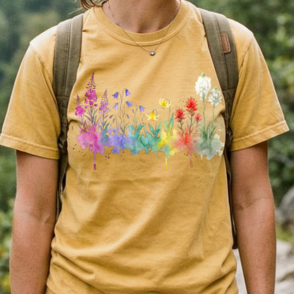 Watercolor Glacier Wildflowers Cotton T-Shirt