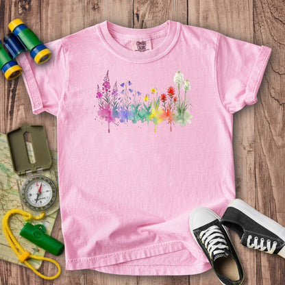 Watercolor Glacier Wildflowers Kids Cotton T-Shirt