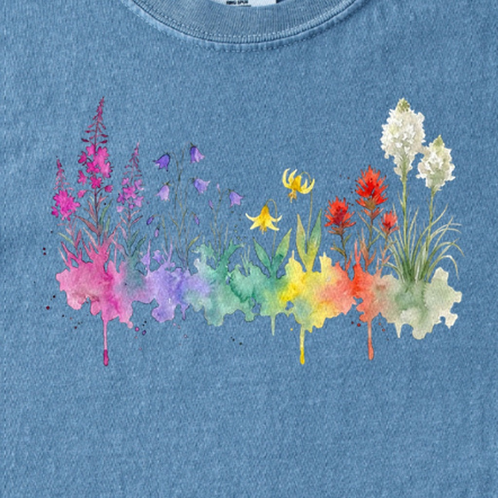 Watercolor Glacier Wildflowers Kids Cotton T-Shirt