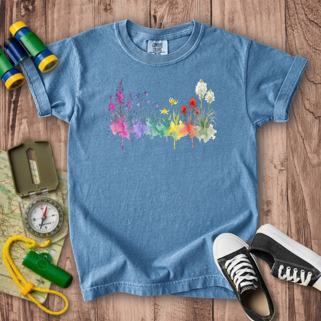 Watercolor Glacier Wildflowers Kids Cotton T-Shirt