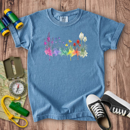Watercolor Glacier Wildflowers Kids Cotton T-Shirt