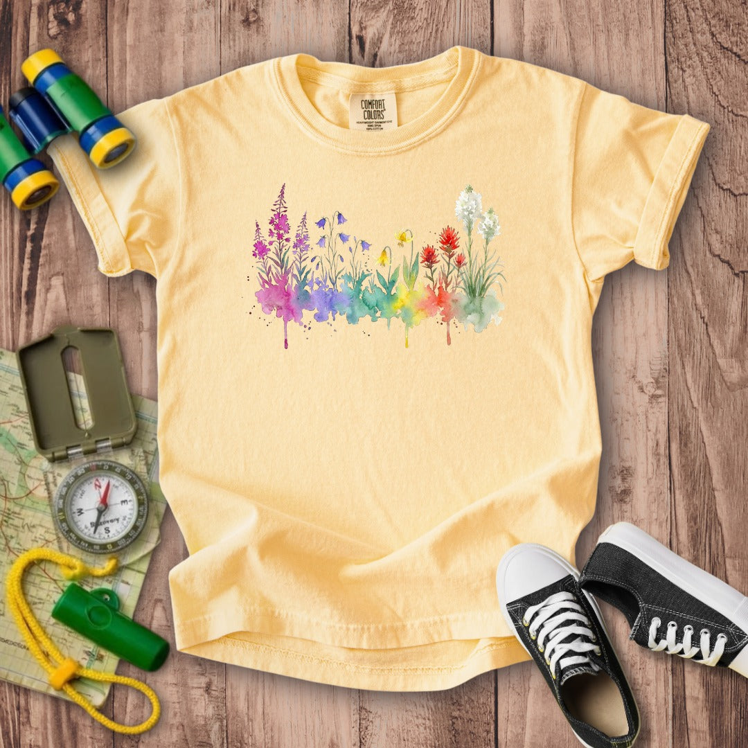Watercolor Glacier Wildflowers Kids Cotton T-Shirt