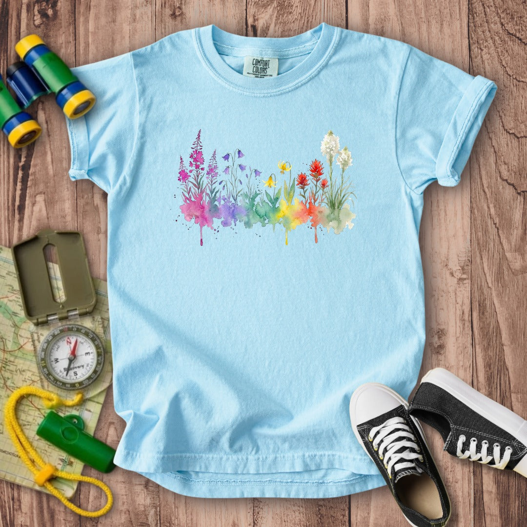 Watercolor Glacier Wildflowers Kids Cotton T-Shirt