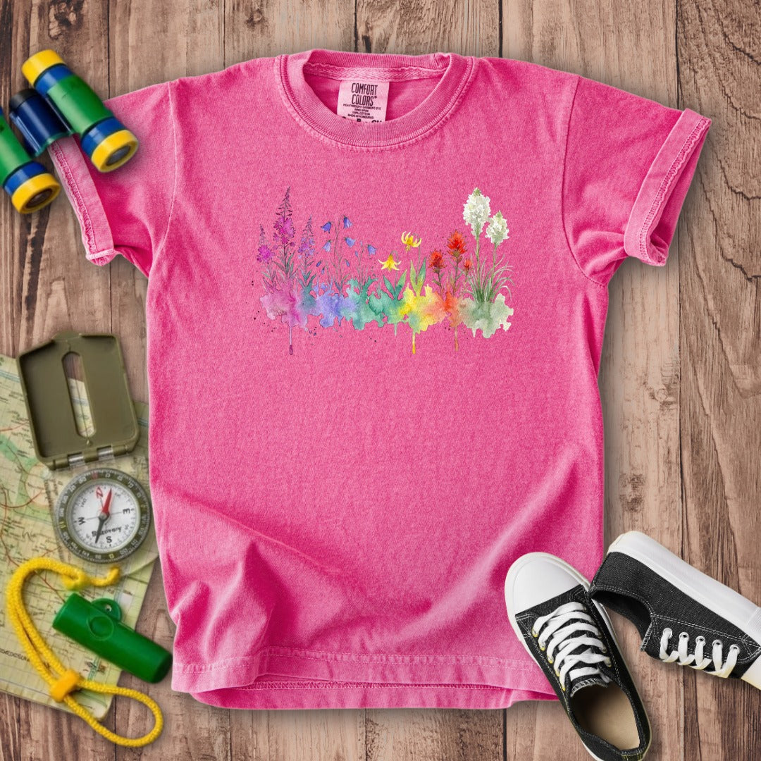 Watercolor Glacier Wildflowers Kids Cotton T-Shirt