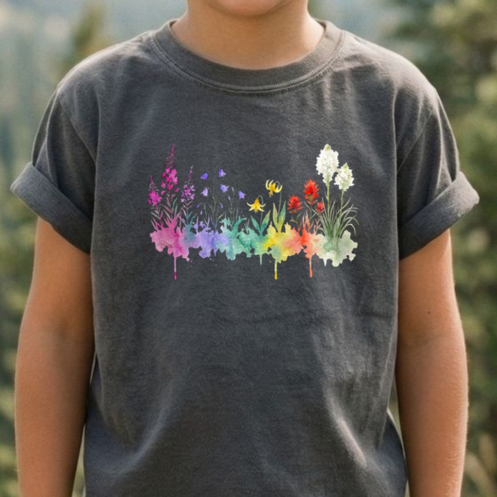 Watercolor Glacier Wildflowers Kids Cotton T-Shirt