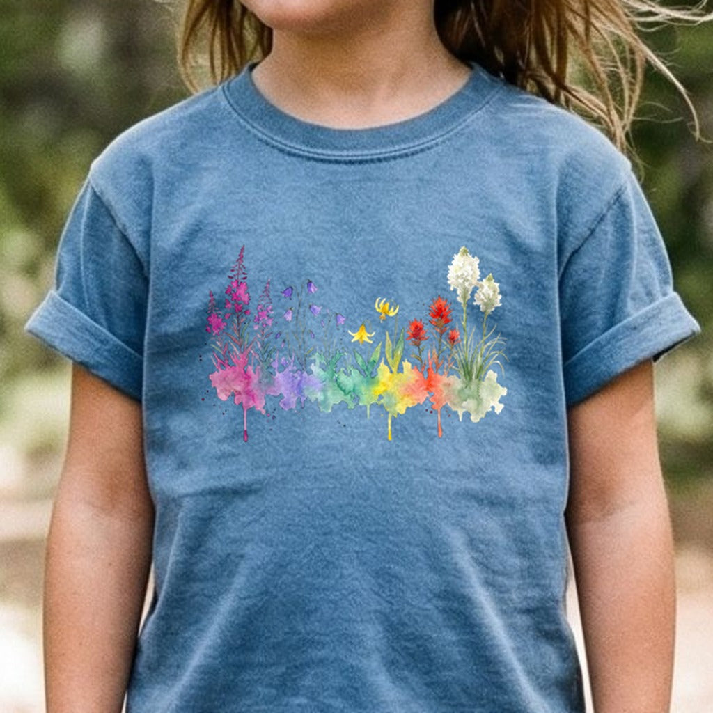 Watercolor Glacier Wildflowers Kids Cotton T-Shirt