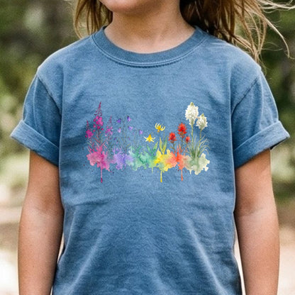 Watercolor Glacier Wildflowers Kids Cotton T-Shirt