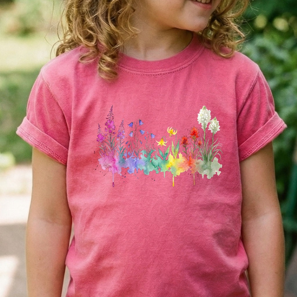 Watercolor Glacier Wildflowers Kids Cotton T-Shirt