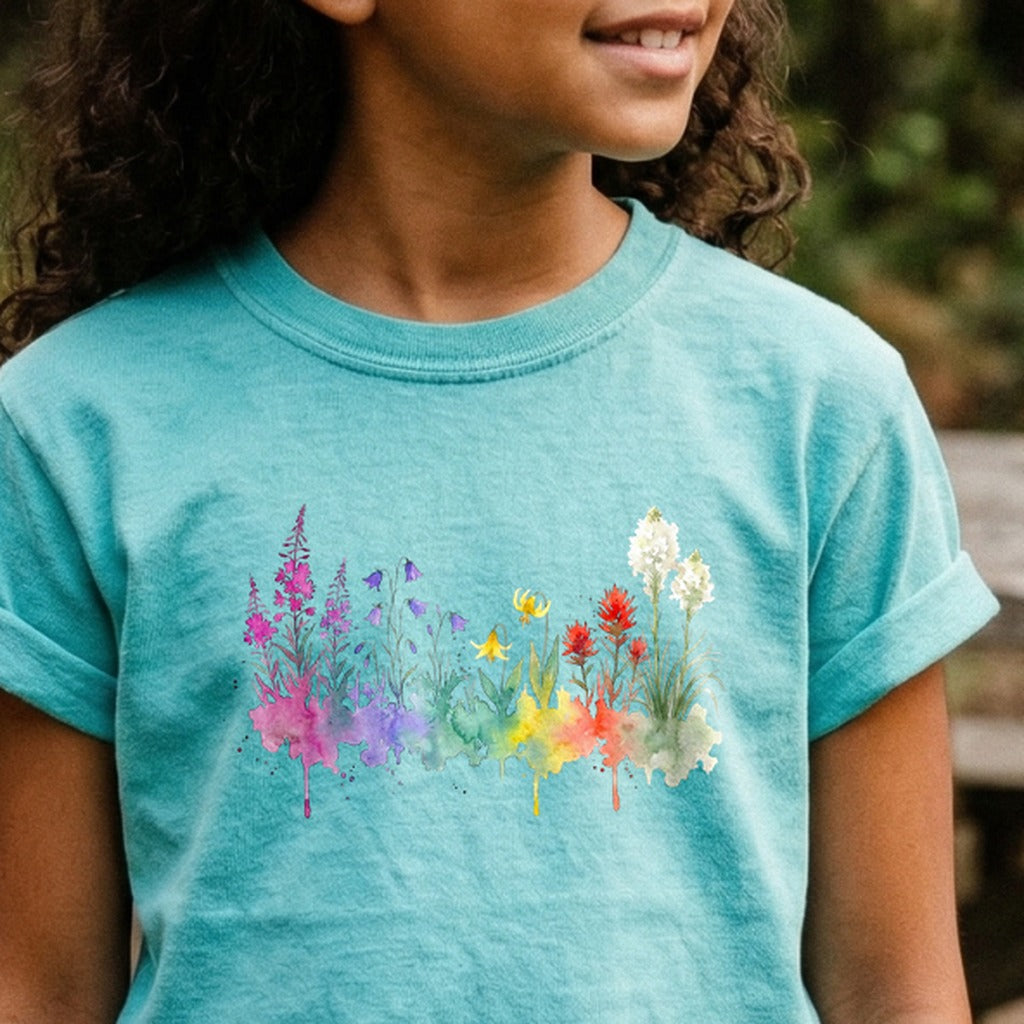 Watercolor Glacier Wildflowers Kids Cotton T-Shirt