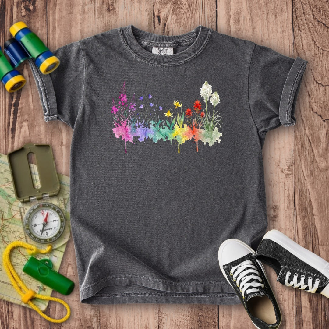 Watercolor Glacier Wildflowers Kids Cotton T-Shirt