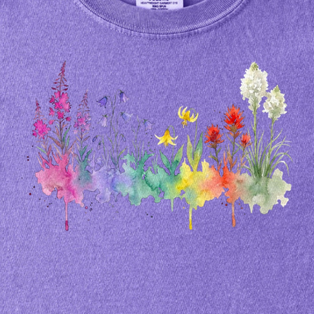 Watercolor Glacier Wildflowers Kids Cotton T-Shirt