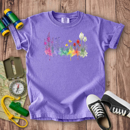 Watercolor Glacier Wildflowers Kids Cotton T-Shirt