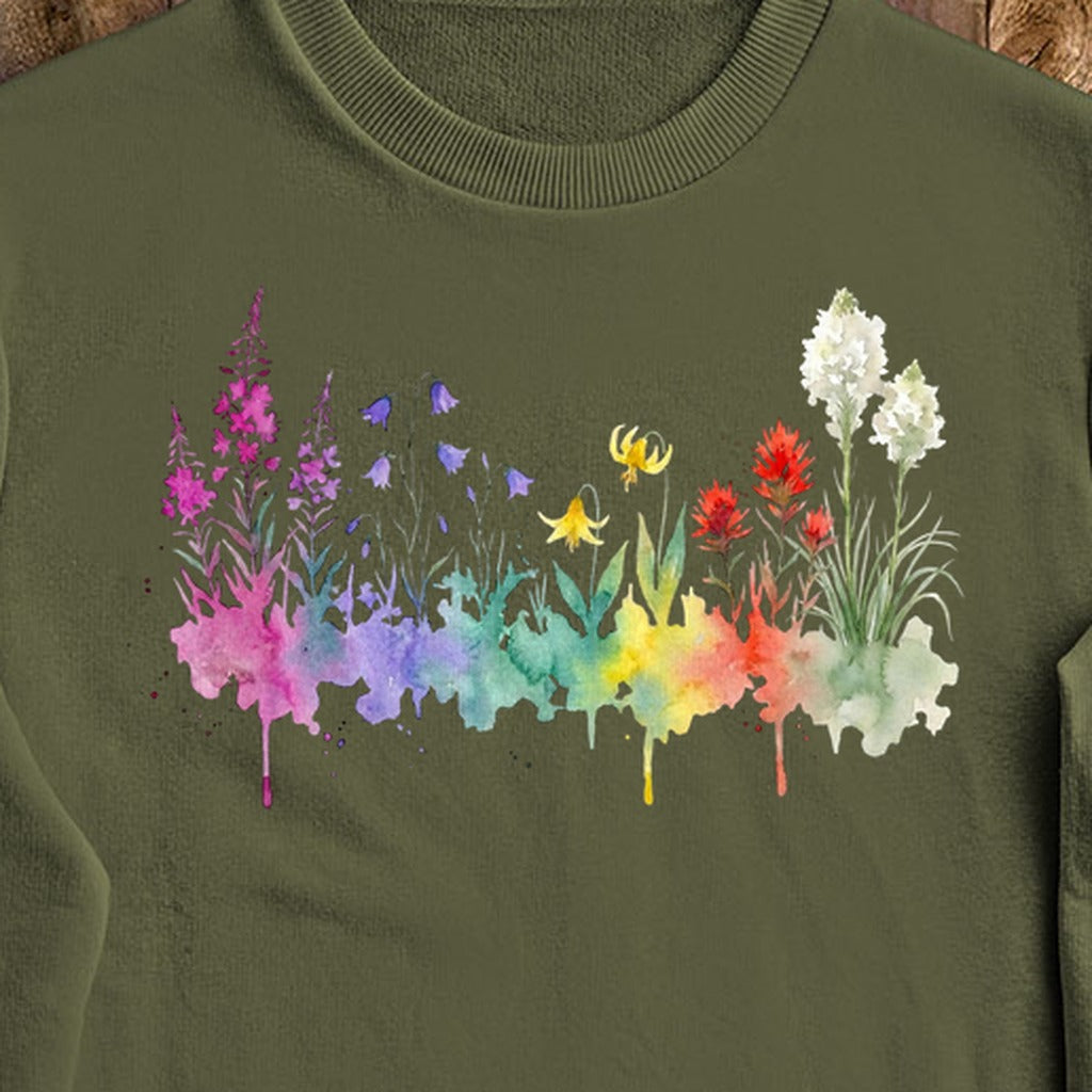Watercolor Glacier Wildflowers Crewneck Sweatshirt