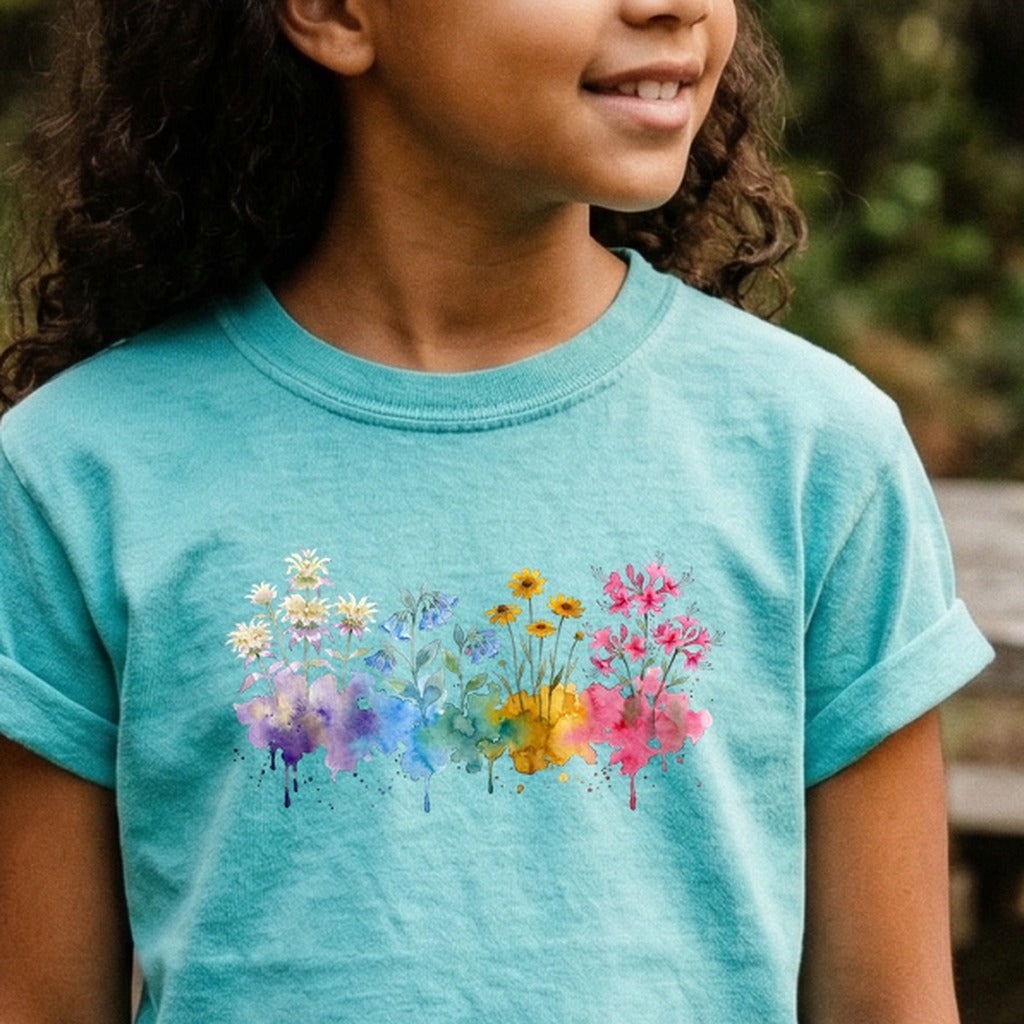 Watercolor Hot Springs Wildflowers Kids Cotton T-Shirt