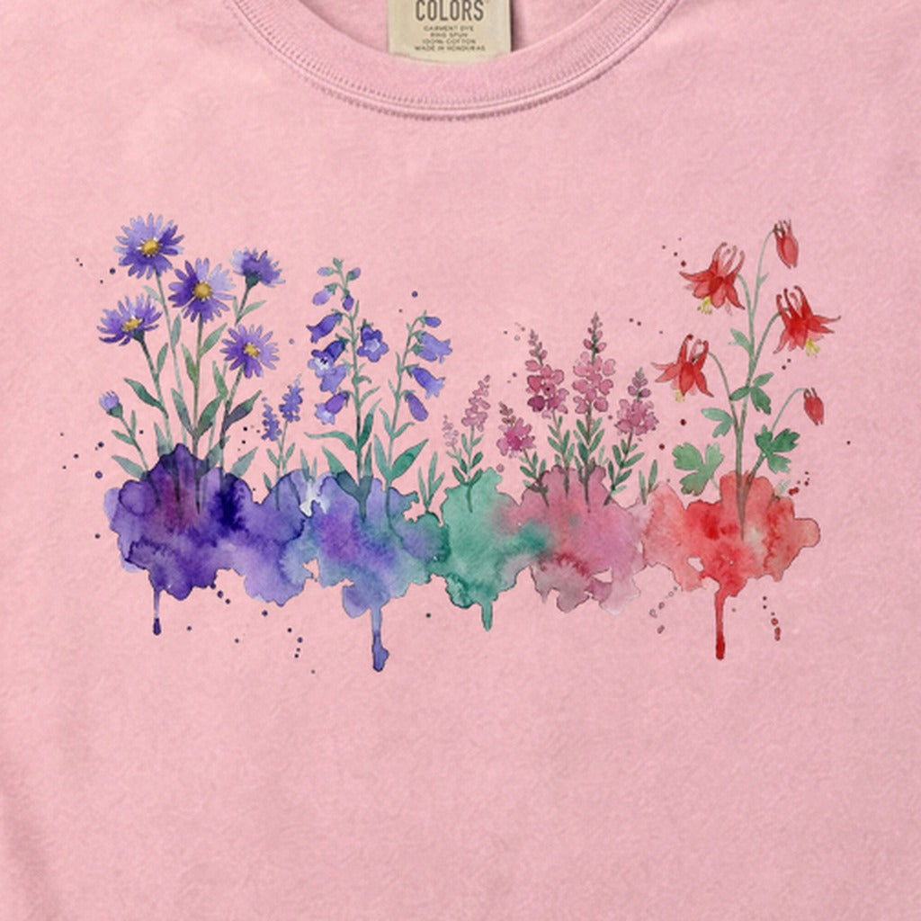Watercolor Mount Rainier Wildflowers Cotton T-Shirt