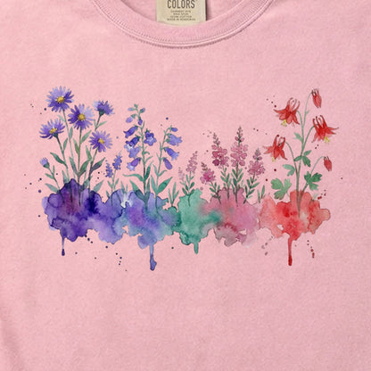 Watercolor Mount Rainier Wildflowers Cotton T-Shirt
