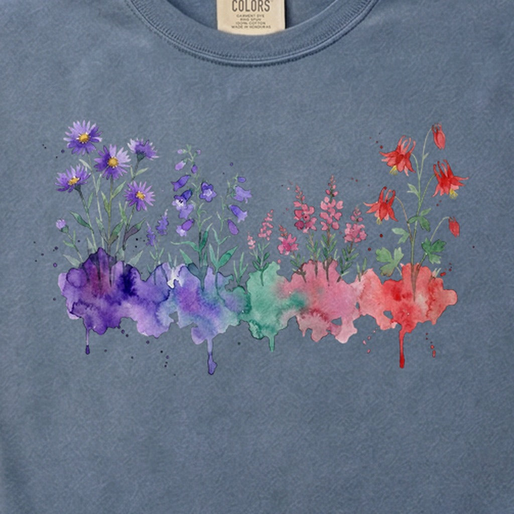 Watercolor Mount Rainier Wildflowers Cotton T-Shirt