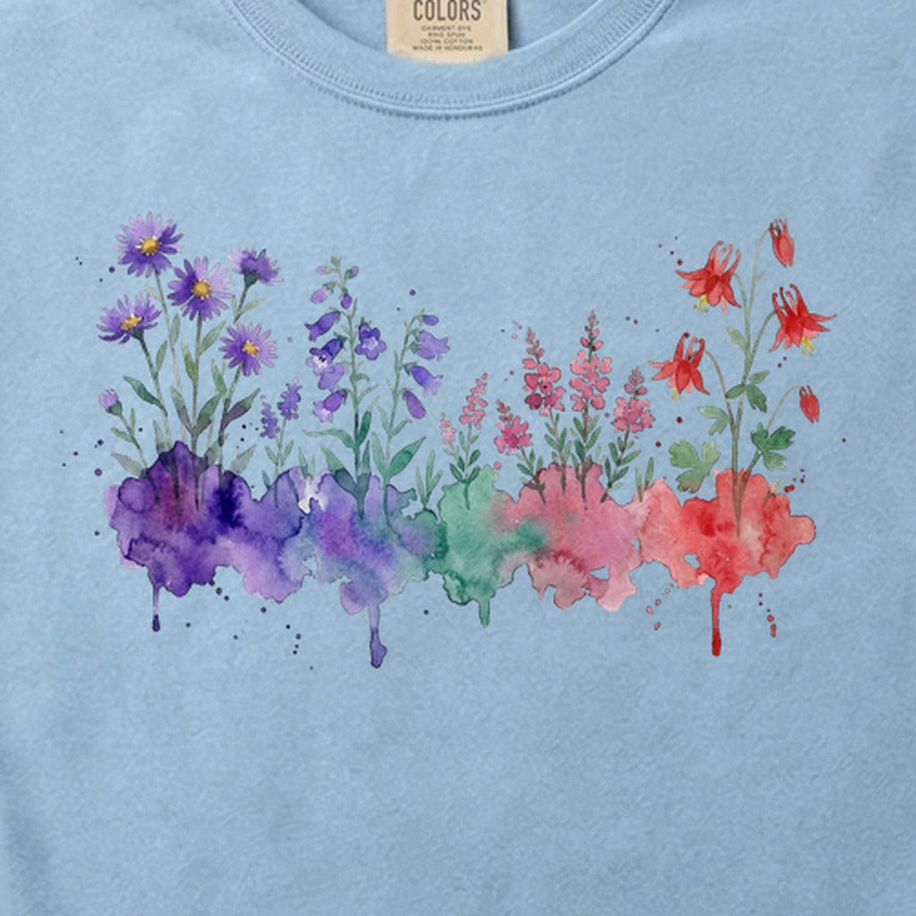 Watercolor Mount Rainier Wildflowers Cotton T-Shirt