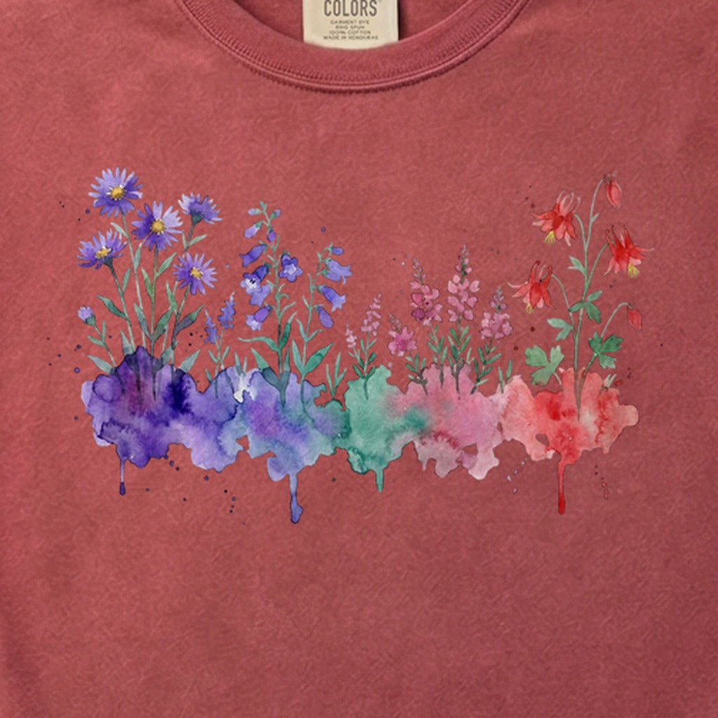 Watercolor Mount Rainier Wildflowers Cotton T-Shirt