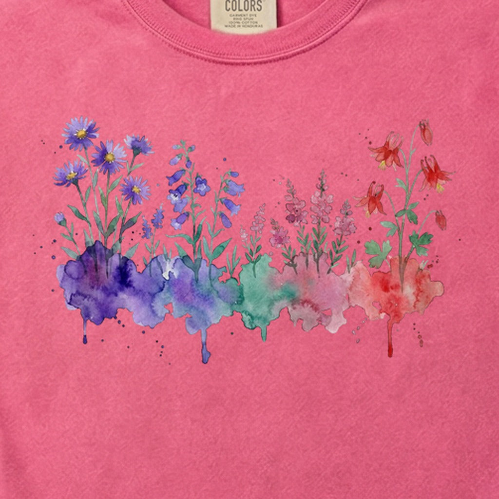 Watercolor Mount Rainier Wildflowers Cotton T-Shirt