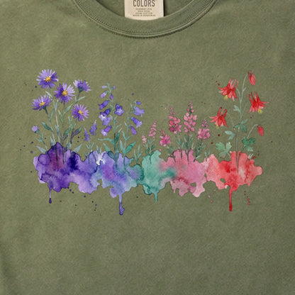 Watercolor Mount Rainier Wildflowers Cotton T-Shirt