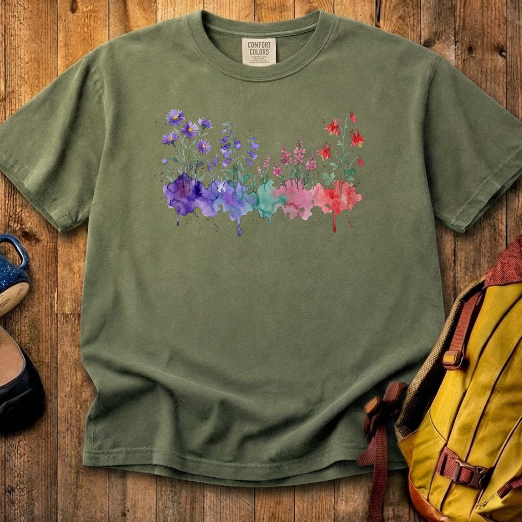 Watercolor Mount Rainier Wildflowers Cotton T-Shirt