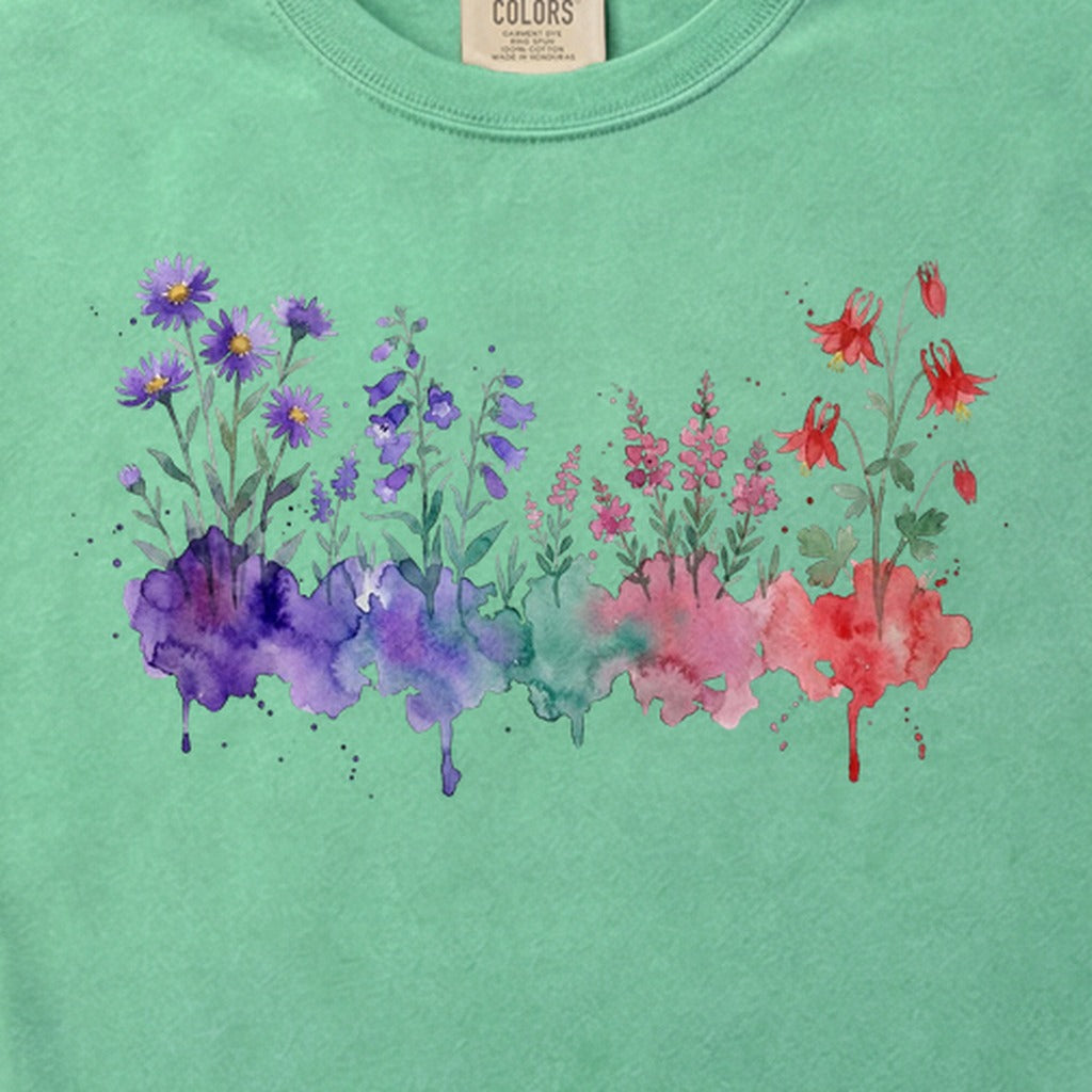 Watercolor Mount Rainier Wildflowers Cotton T-Shirt