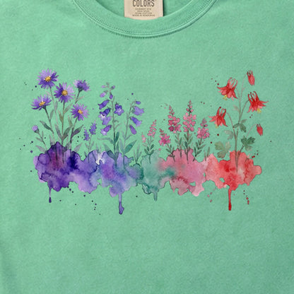 Watercolor Mount Rainier Wildflowers Cotton T-Shirt