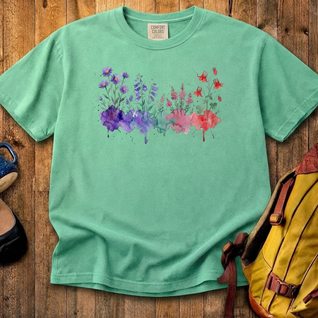 Watercolor Mount Rainier Wildflowers Cotton T-Shirt