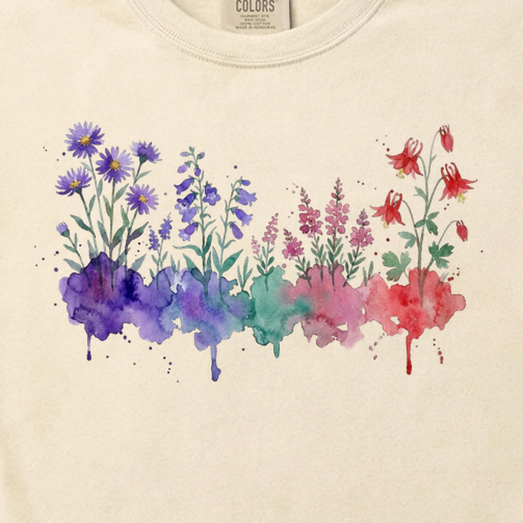 Watercolor Mount Rainier Wildflowers Cotton T-Shirt