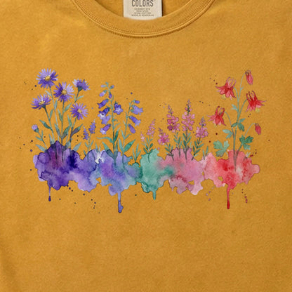 Watercolor Mount Rainier Wildflowers Cotton T-Shirt