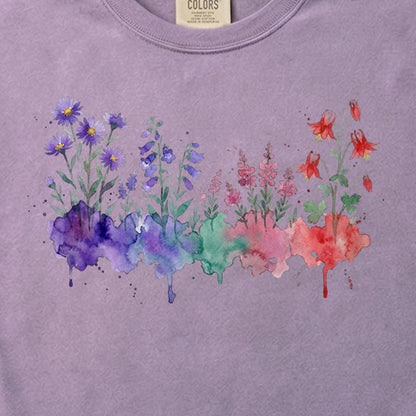 Watercolor Mount Rainier Wildflowers Cotton T-Shirt