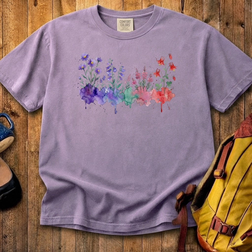 Watercolor Mount Rainier Wildflowers Cotton T-Shirt