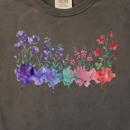 Watercolor Mount Rainier Wildflowers Cotton T-Shirt