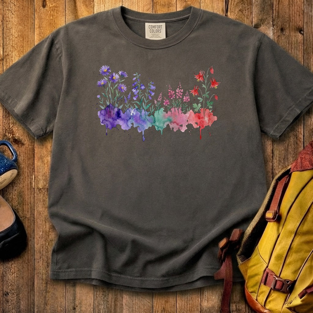 Watercolor Mount Rainier Wildflowers Cotton T-Shirt