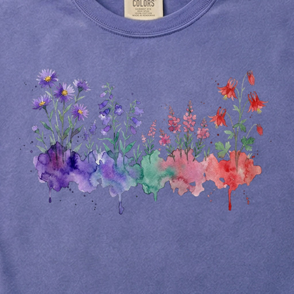 Watercolor Mount Rainier Wildflowers Cotton T-Shirt