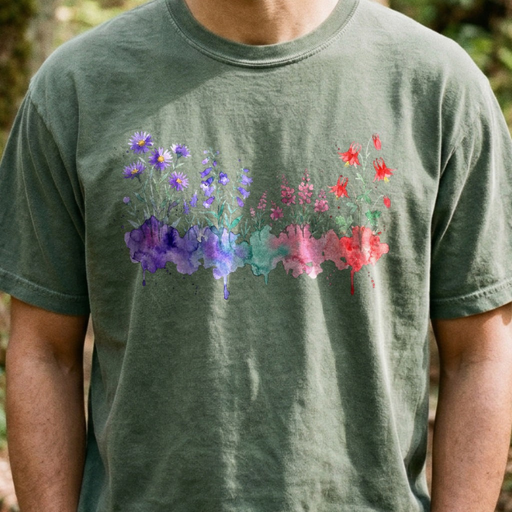 Watercolor Mount Rainier Wildflowers Cotton T-Shirt