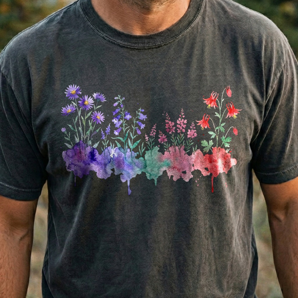 Watercolor Mount Rainier Wildflowers Cotton T-Shirt