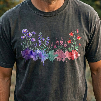 Watercolor Mount Rainier Wildflowers Cotton T-Shirt