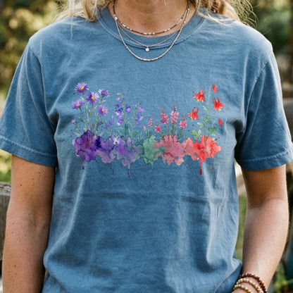 Watercolor Mount Rainier Wildflowers Cotton T-Shirt