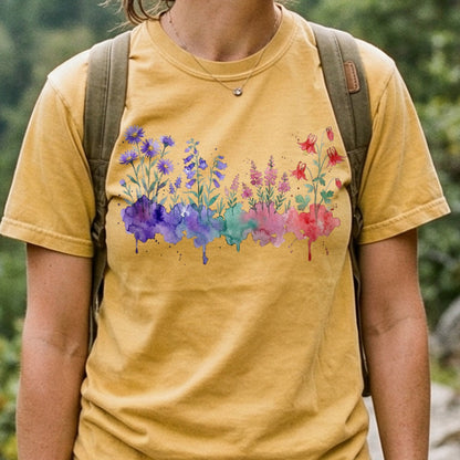 Watercolor Mount Rainier Wildflowers Cotton T-Shirt