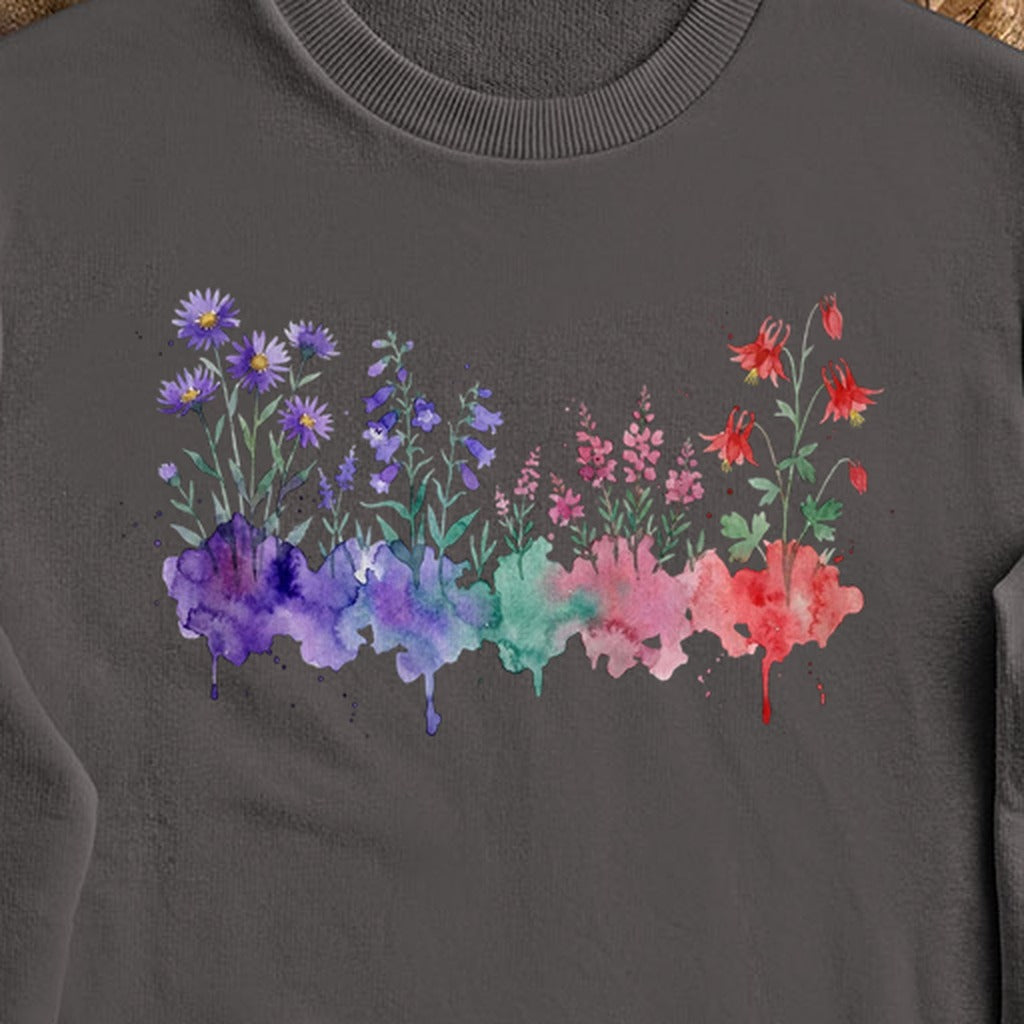 Watercolor Mount Rainier Wildflowers Crewneck Sweatshirt