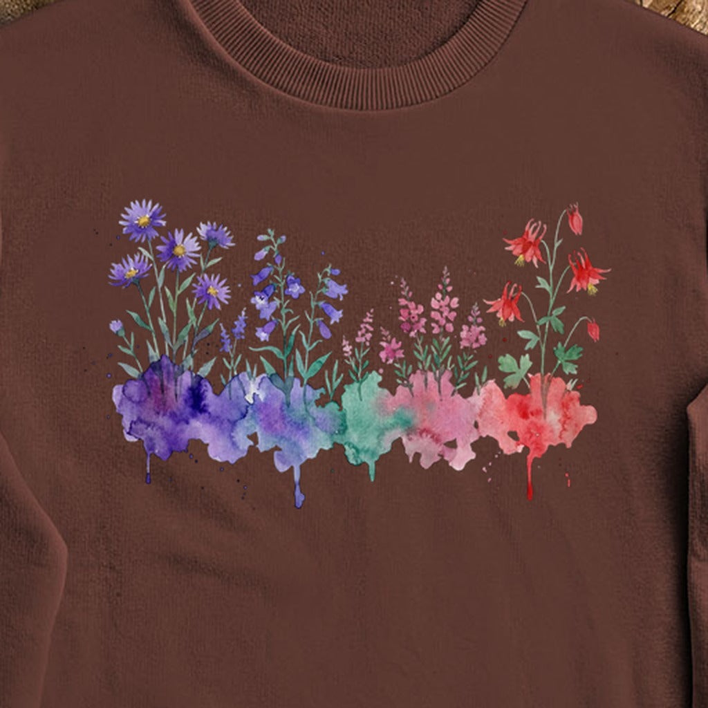Watercolor Mount Rainier Wildflowers Crewneck Sweatshirt
