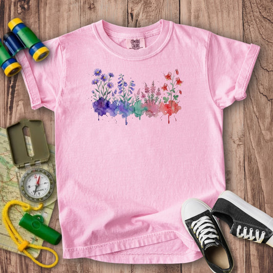 Watercolor Mount Rainier Wildflowers Kids Cotton T-Shirt