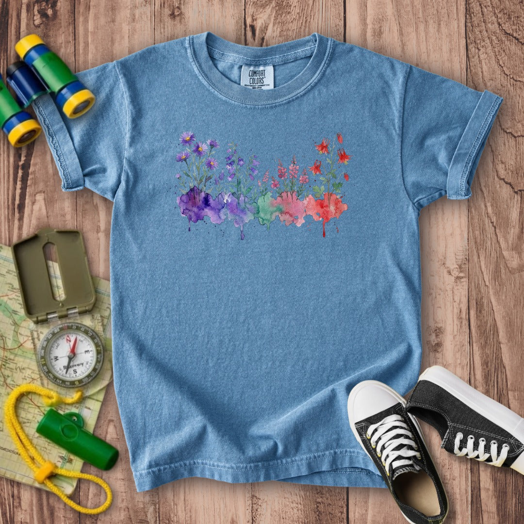 Watercolor Mount Rainier Wildflowers Kids Cotton T-Shirt