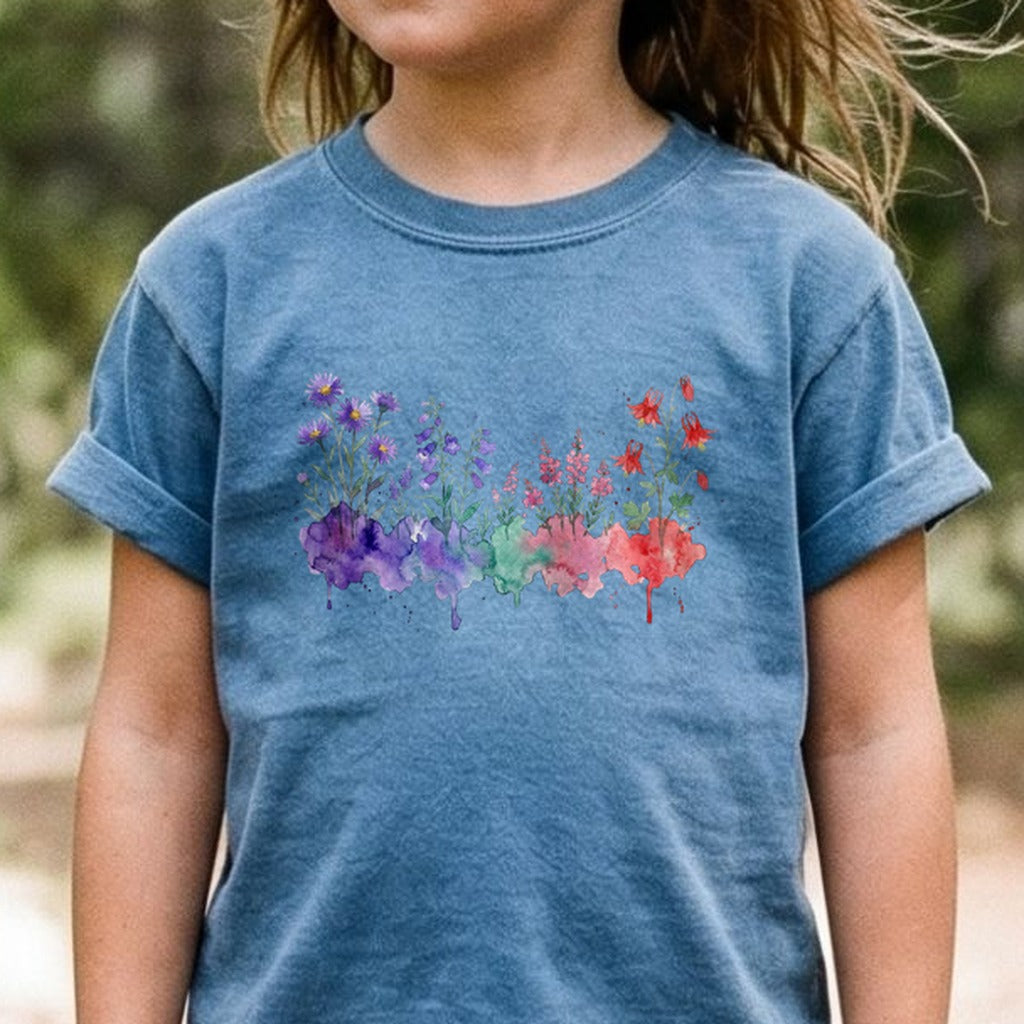 Watercolor Mount Rainier Wildflowers Kids Cotton T-Shirt