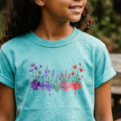 Watercolor Mount Rainier Wildflowers Kids Cotton T-Shirt