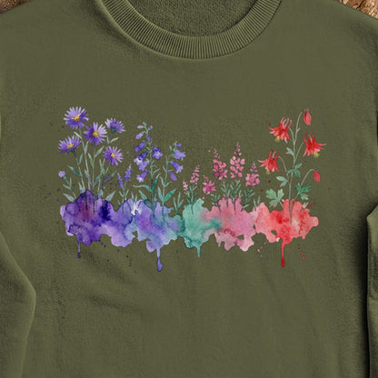 Watercolor Mount Rainier Wildflowers Crewneck Sweatshirt