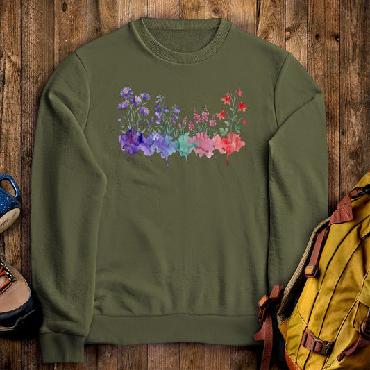Watercolor Mount Rainier Wildflowers Crewneck Sweatshirt